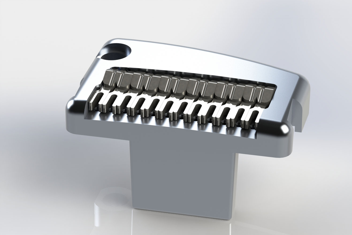 Early 3D model of our 12-string Fly bridge adaptation prototype
