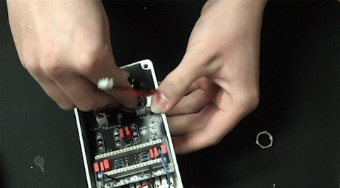 Install footswitches in the enclosure, add mounting hardware (do not tighten yet). Connect footswitches to the headers on the PCBA.